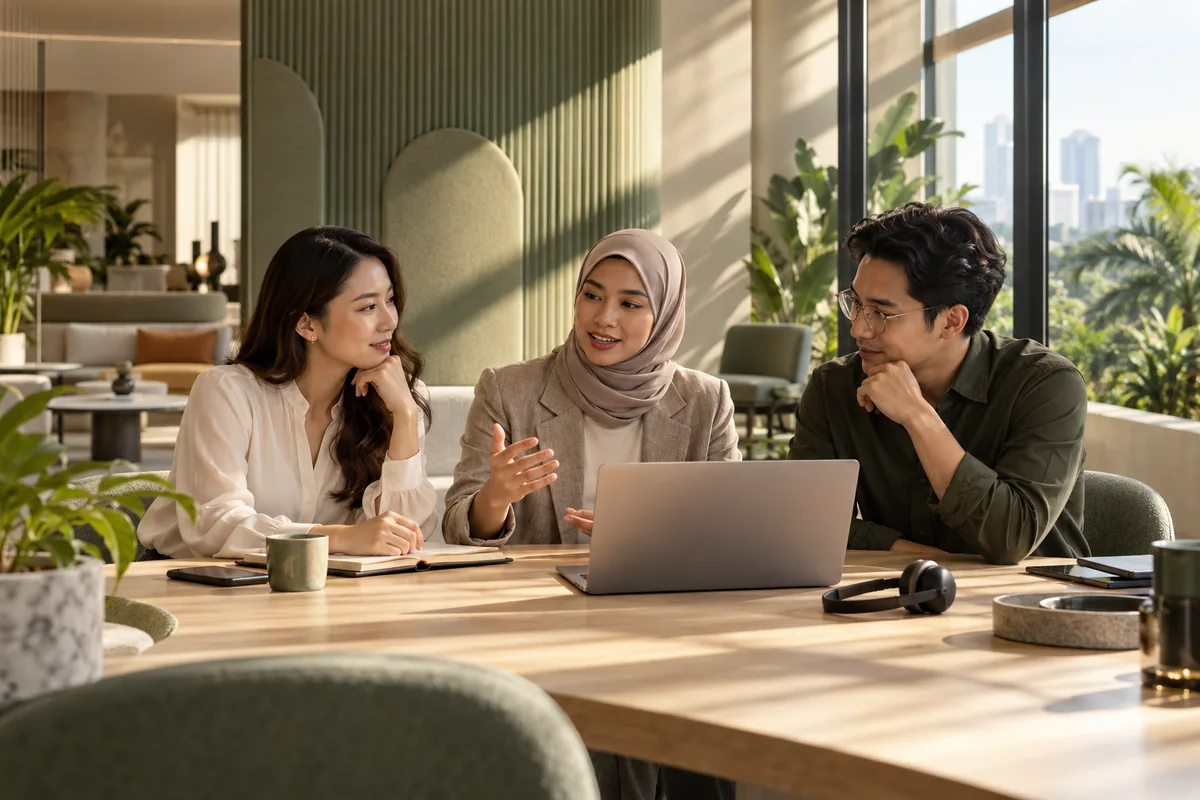 Illustrative scene of colleagues sharing ideas in a bright, welcoming workspace